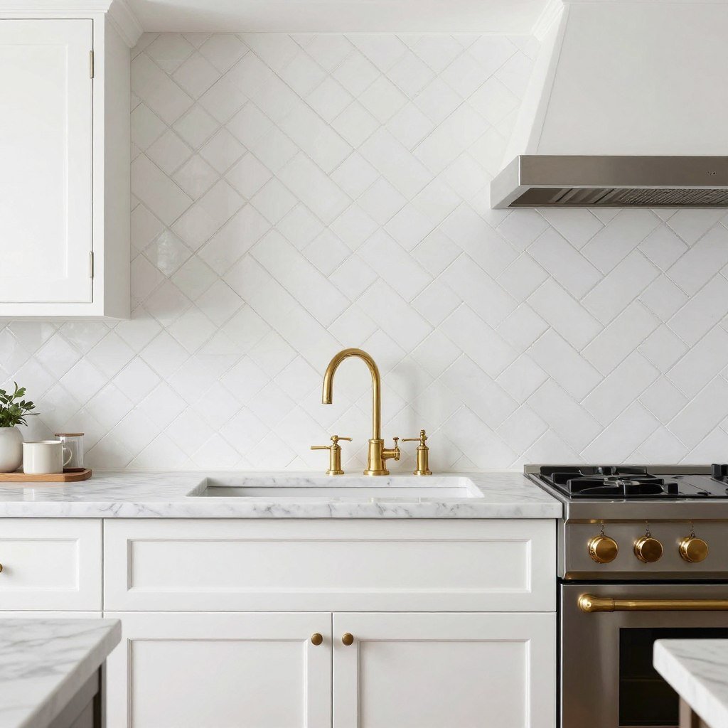 white subway tile arranged in herringbone pattern on farmhouse kitchen backsplash