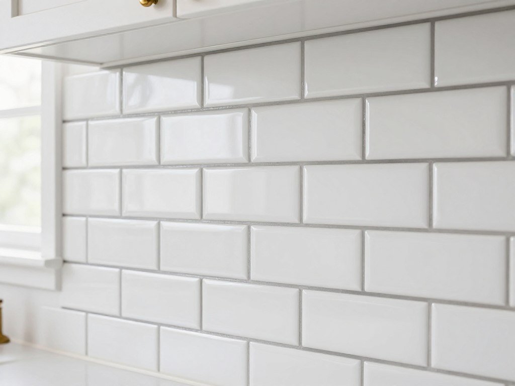 white subway tile backsplash with dark grout in farmhouse kitchen