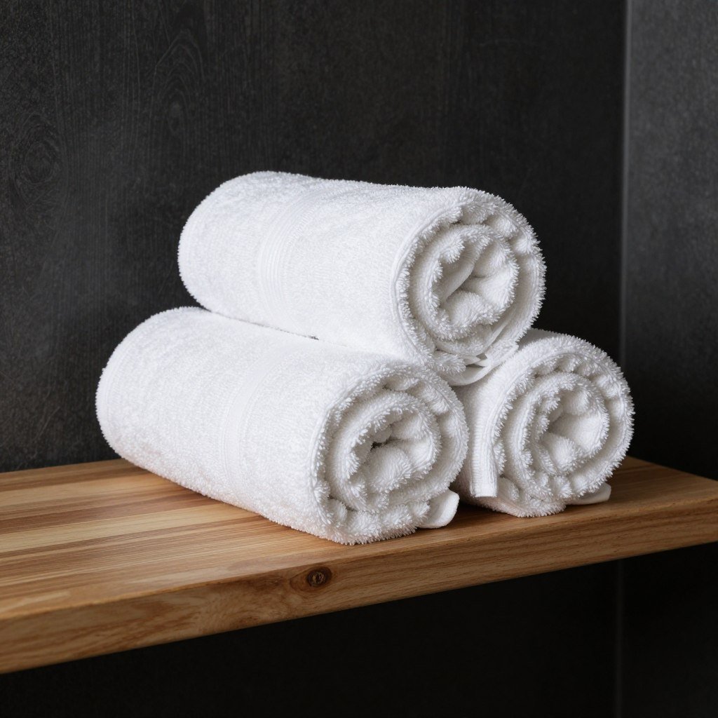 white towels rolled and displayed against dark wallpaper