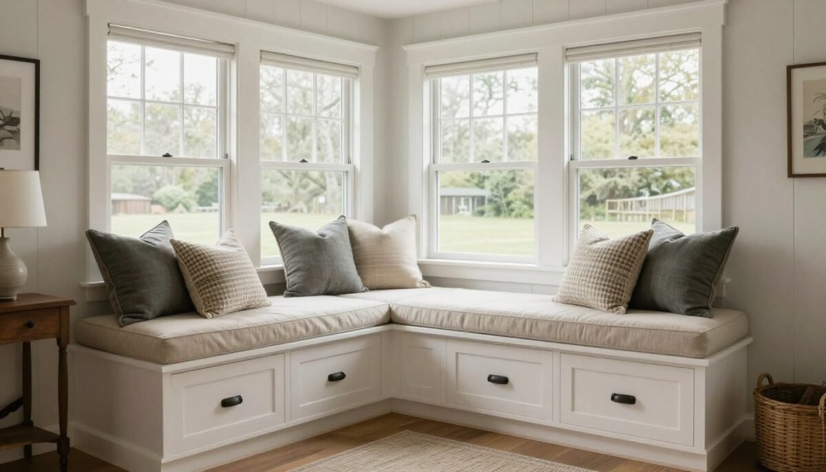 window seat in farmhouse living room