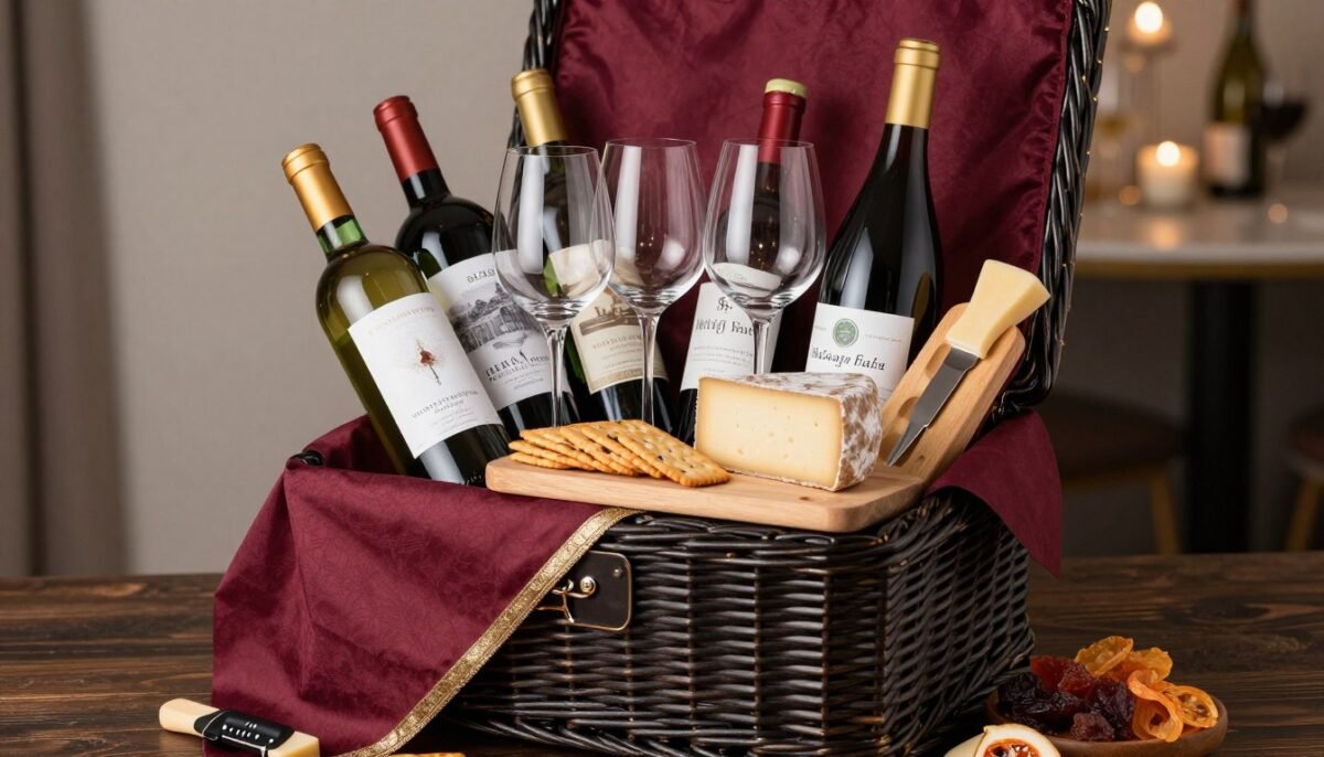 wine themed gift basket with accessories and cheese