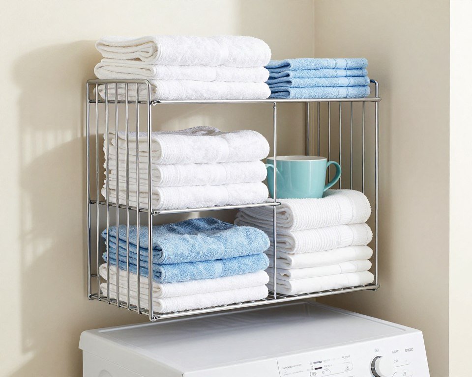 wire shelf dividers organizing items on shelves above top loading washer