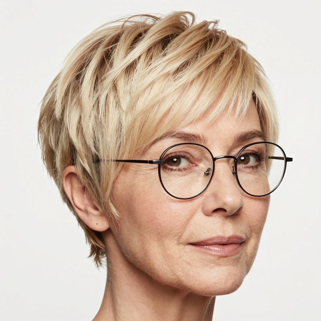 wispy layered pixie with small round frames