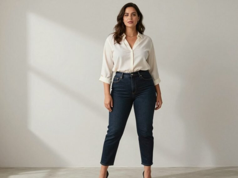 woman confidently wearing high-rise jeans with flattering fit