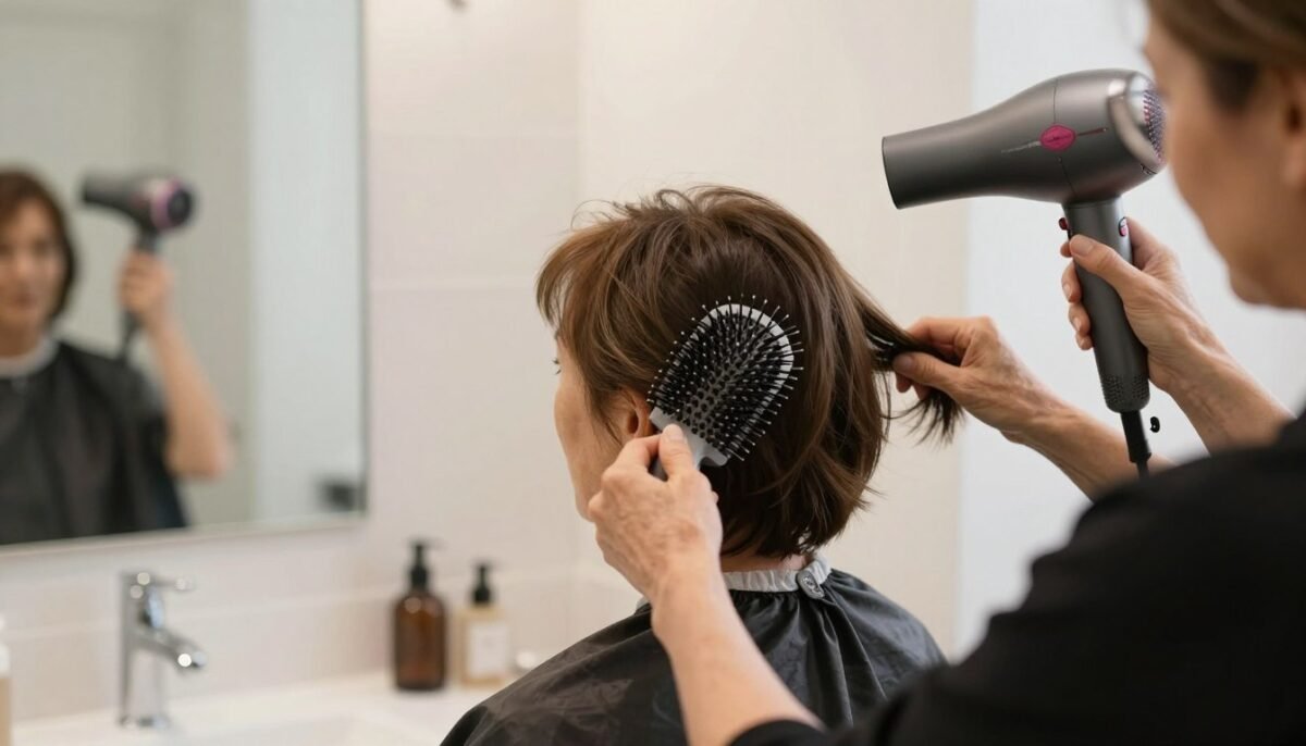 woman over 70 styling thin short hair with round brush