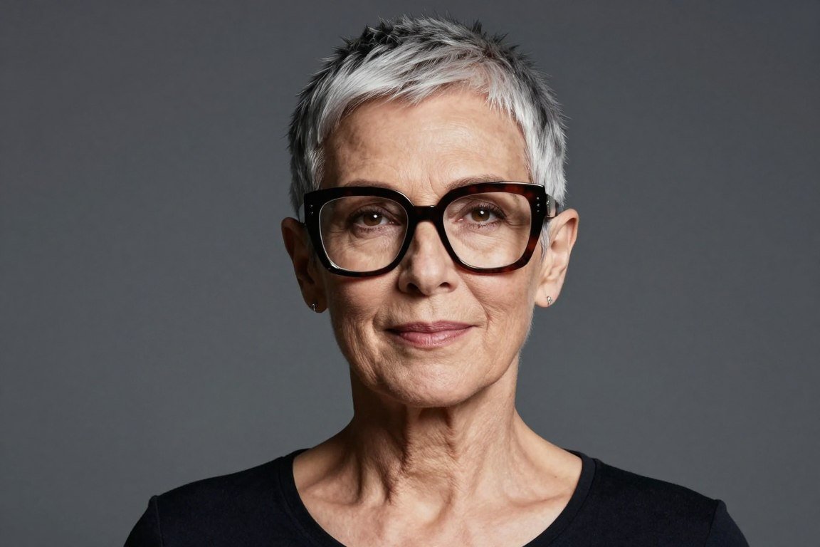 woman over 70 with buzz cut wearing statement glasses