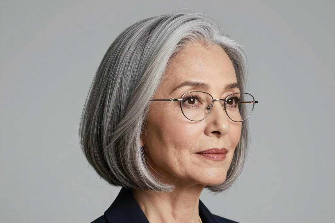 woman over 70 with classic chin-length bob wearing wire-frame glasses
