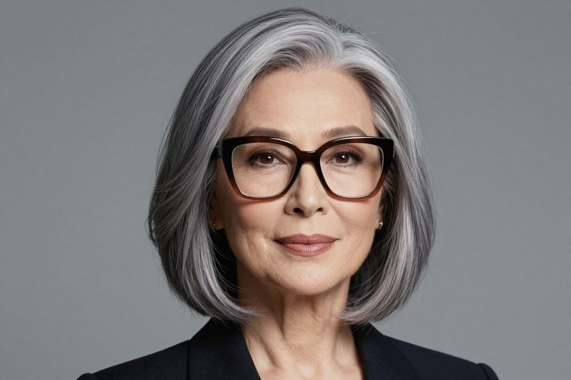 woman over 70 with classic lob hairstyle wearing oversized glasses