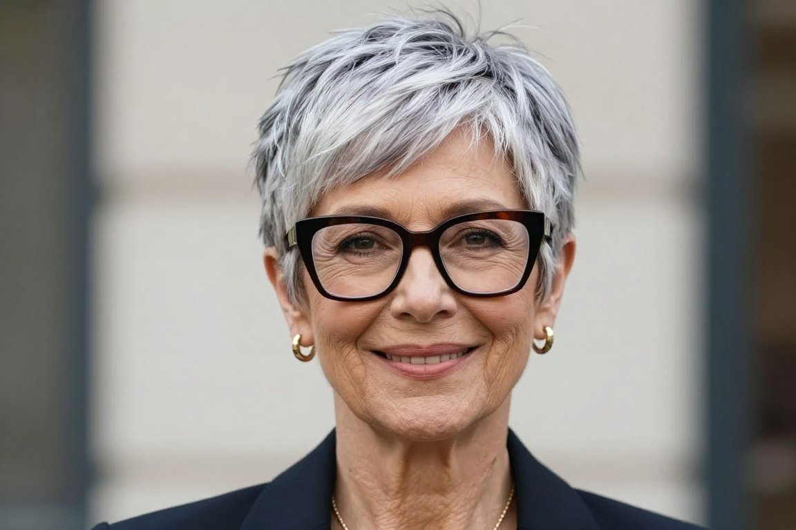 woman over 70 with classic short pixie cut wearing oversized glasses