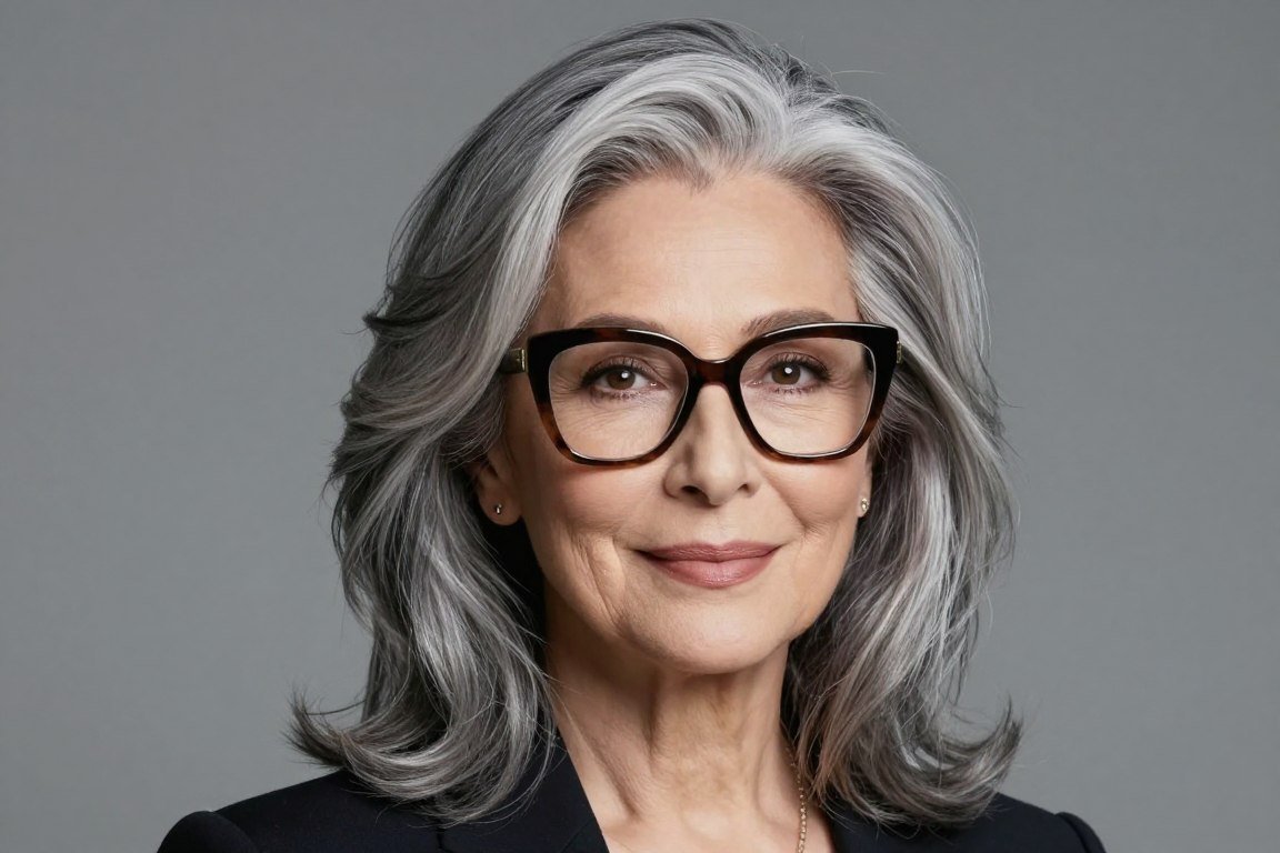 woman over 70 with long layered hair wearing statement glasses