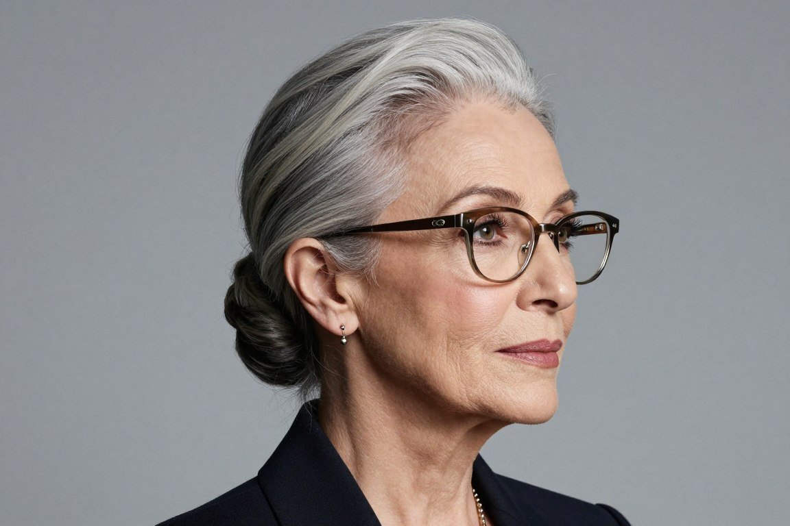 woman over 70 with low chignon updo wearing elegant glasses