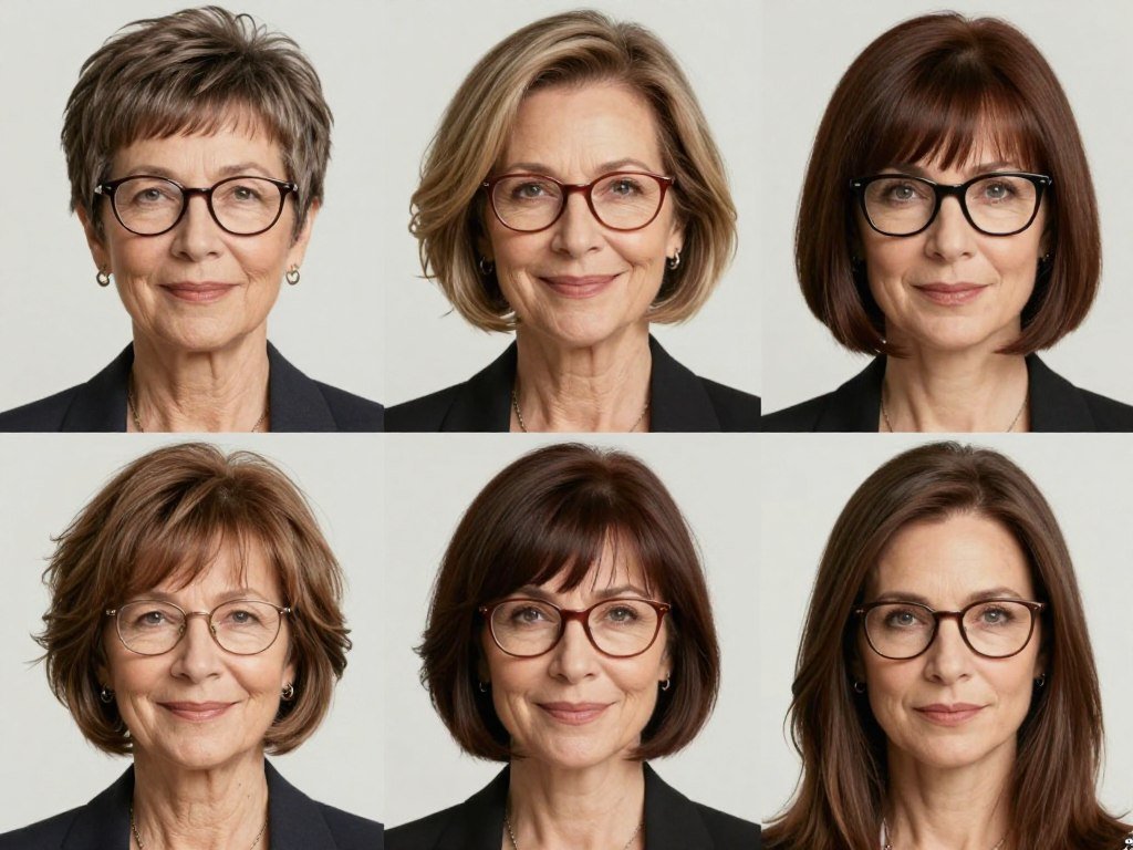 woman over 70 with oval face showing various hairstyle options with glasses