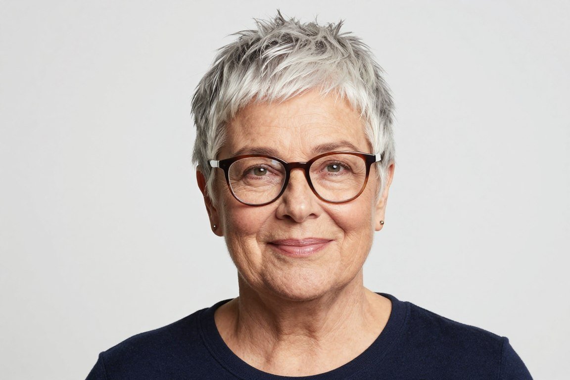 woman over 70 with round face wearing pixie cut with height and glasses
