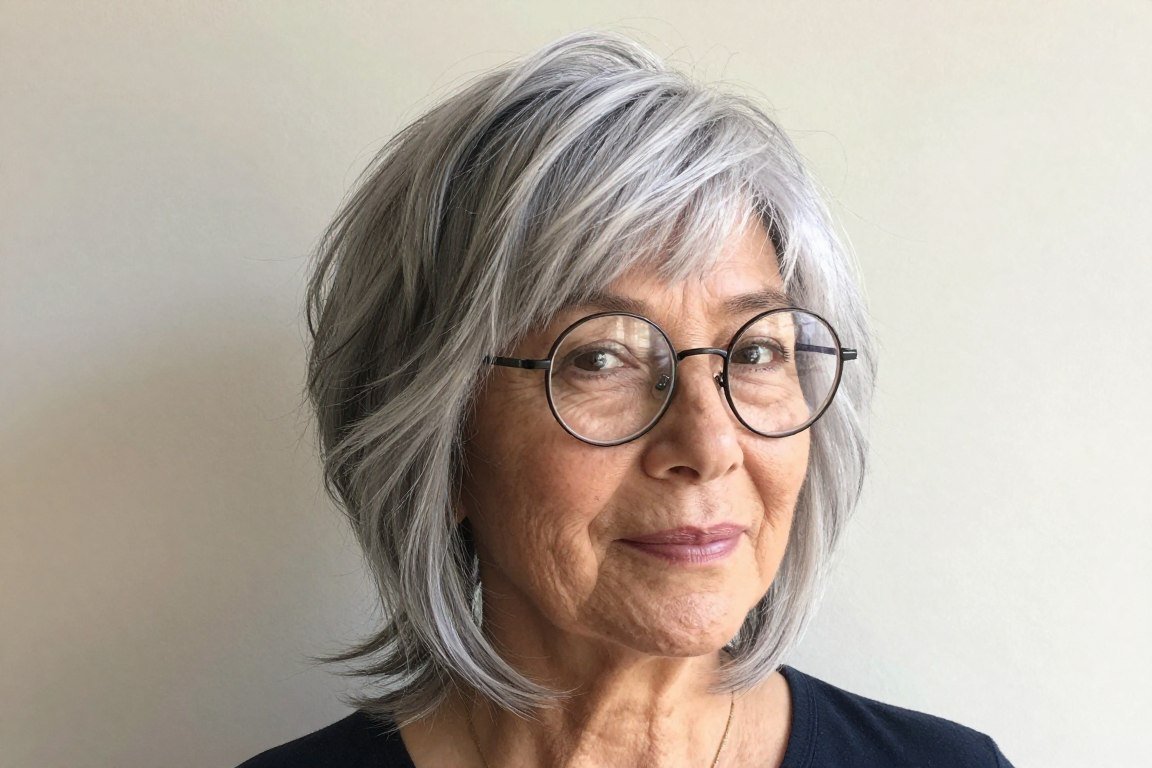 woman over 70 with shag haircut wearing round glasses