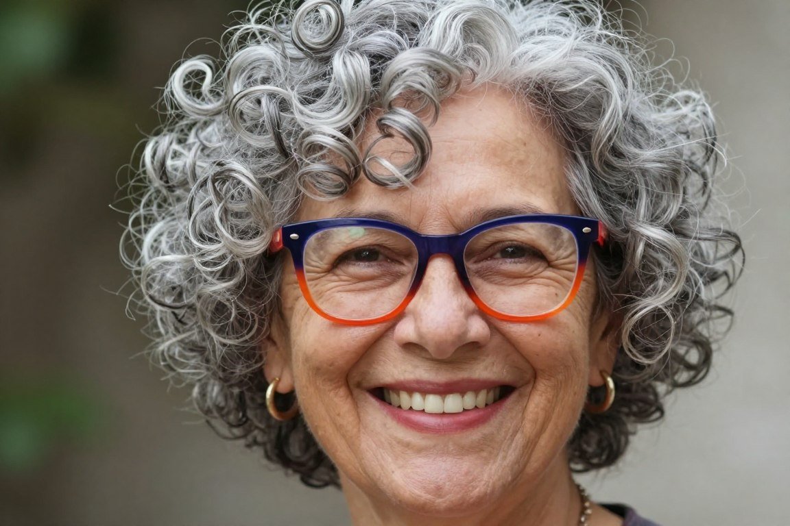 woman over 70 with short natural curls wearing bold glasses