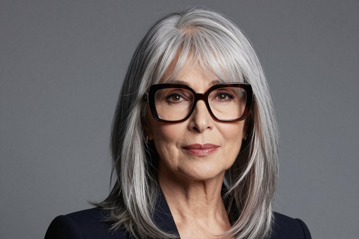 woman over 70 with side-swept bangs wearing oversized glasses