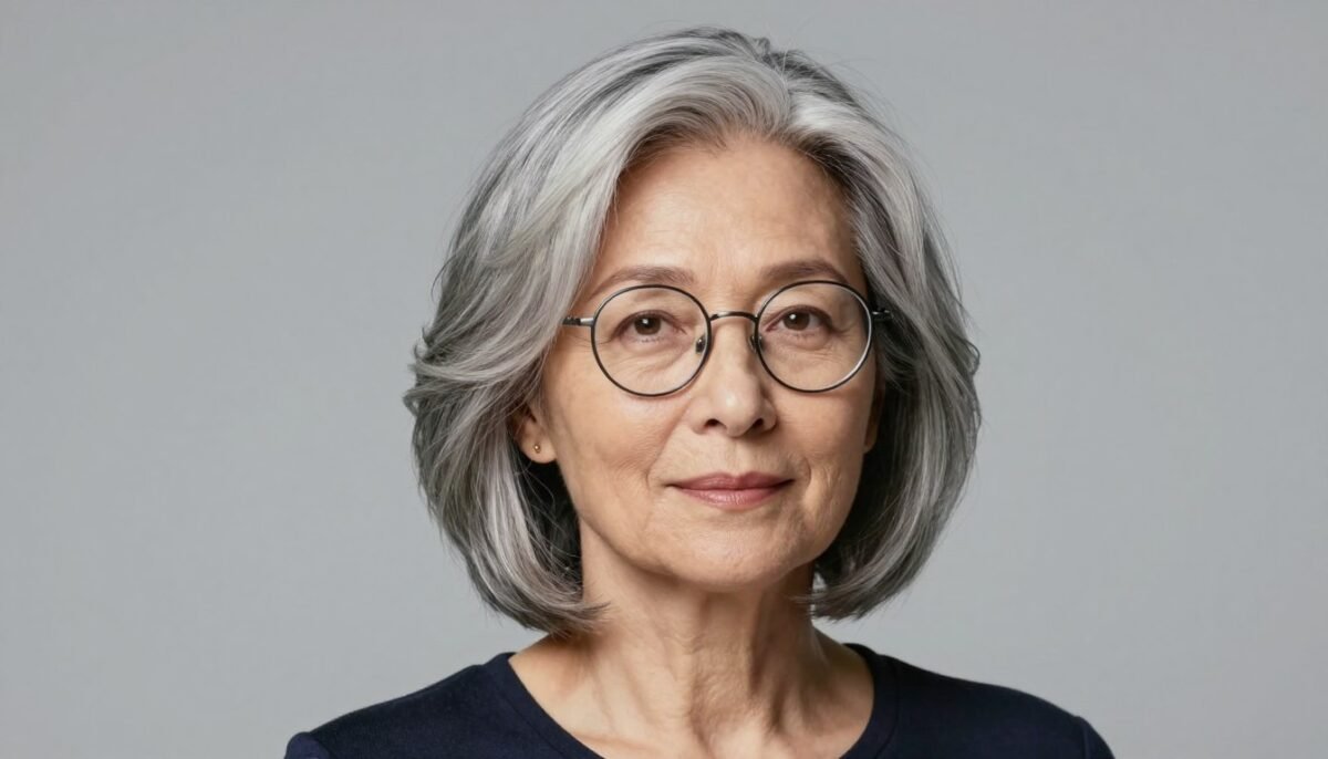 woman over 70 with square face wearing soft layered bob and round glasses