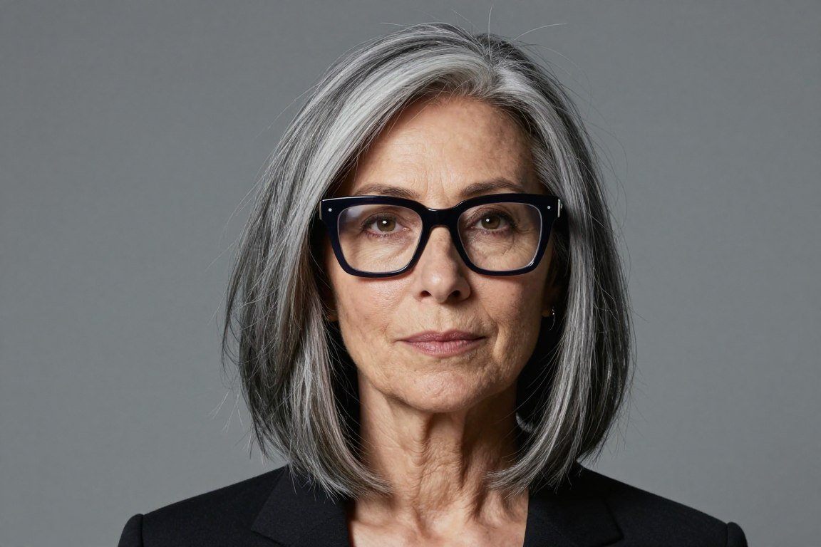 woman over seventy with asymmetrical lob and bold frames