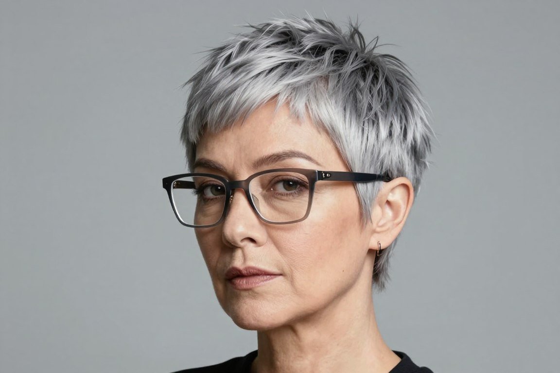 woman over seventy with asymmetrical pixie cut and rectangular glasses