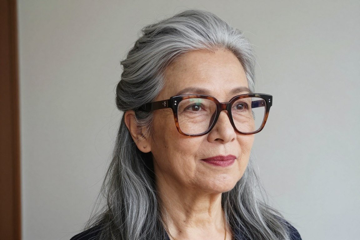 woman over seventy with half-up half-down style wearing oversized glasses