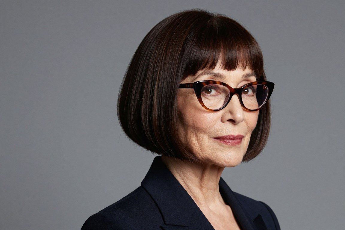 woman over seventy with inverted bob and cat-eye glasses