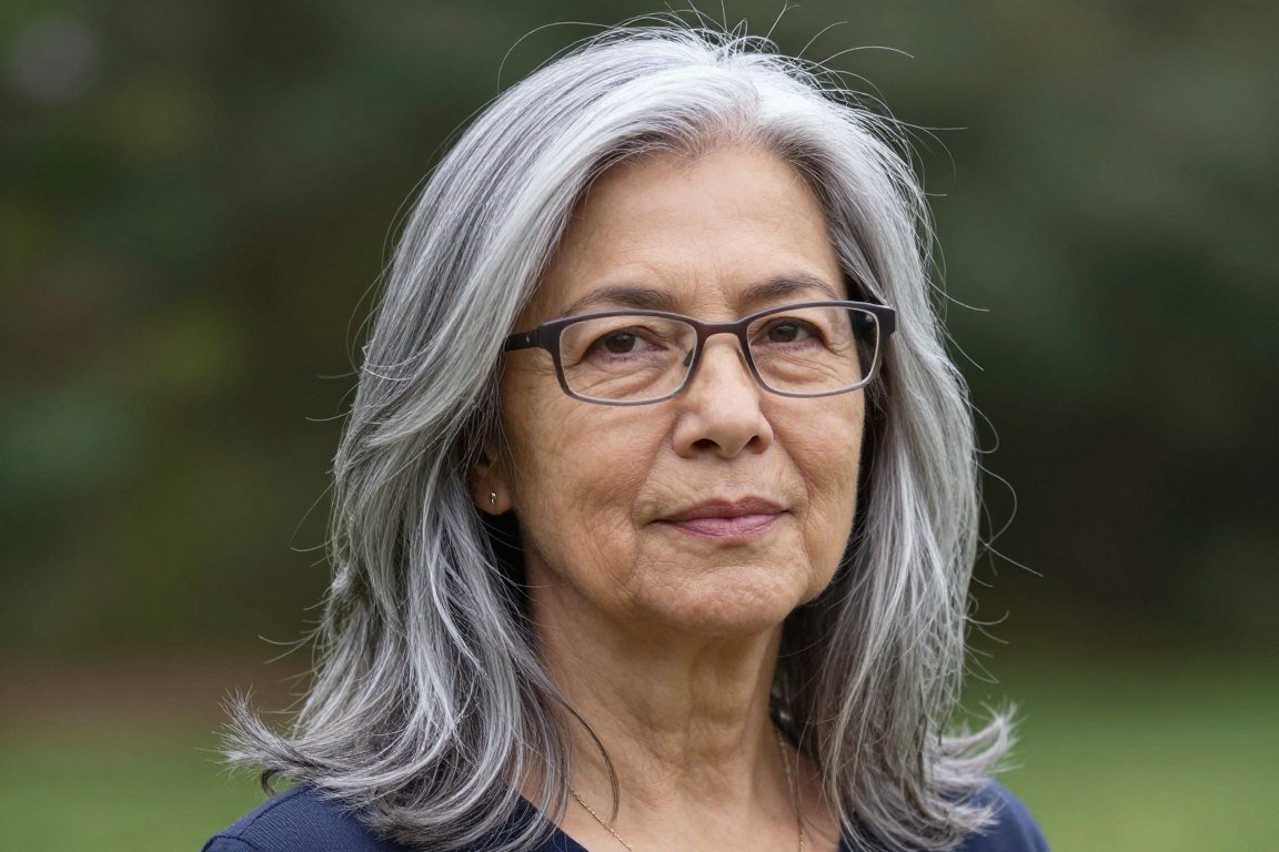 woman over seventy with long layers and rectangular glasses