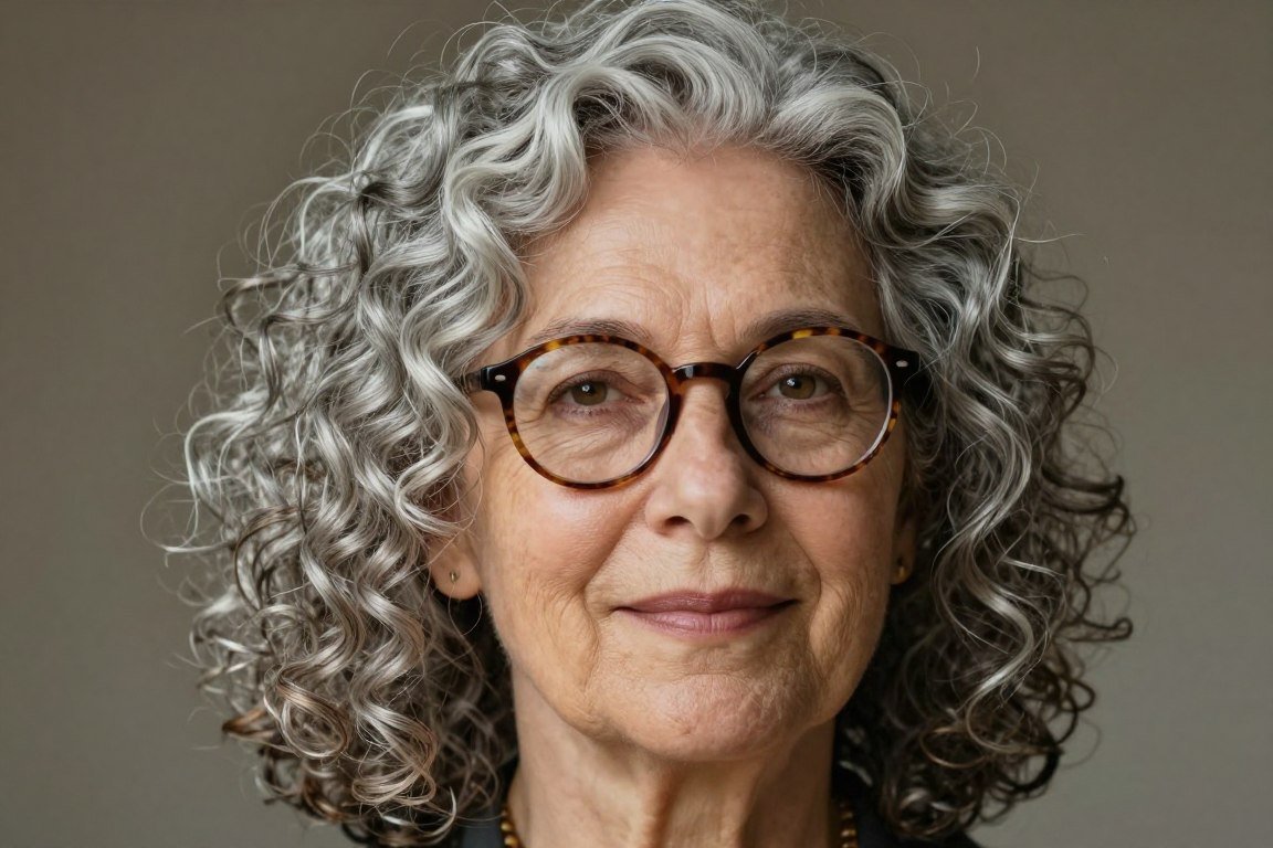 woman over seventy with shoulder-length curls wearing round frames