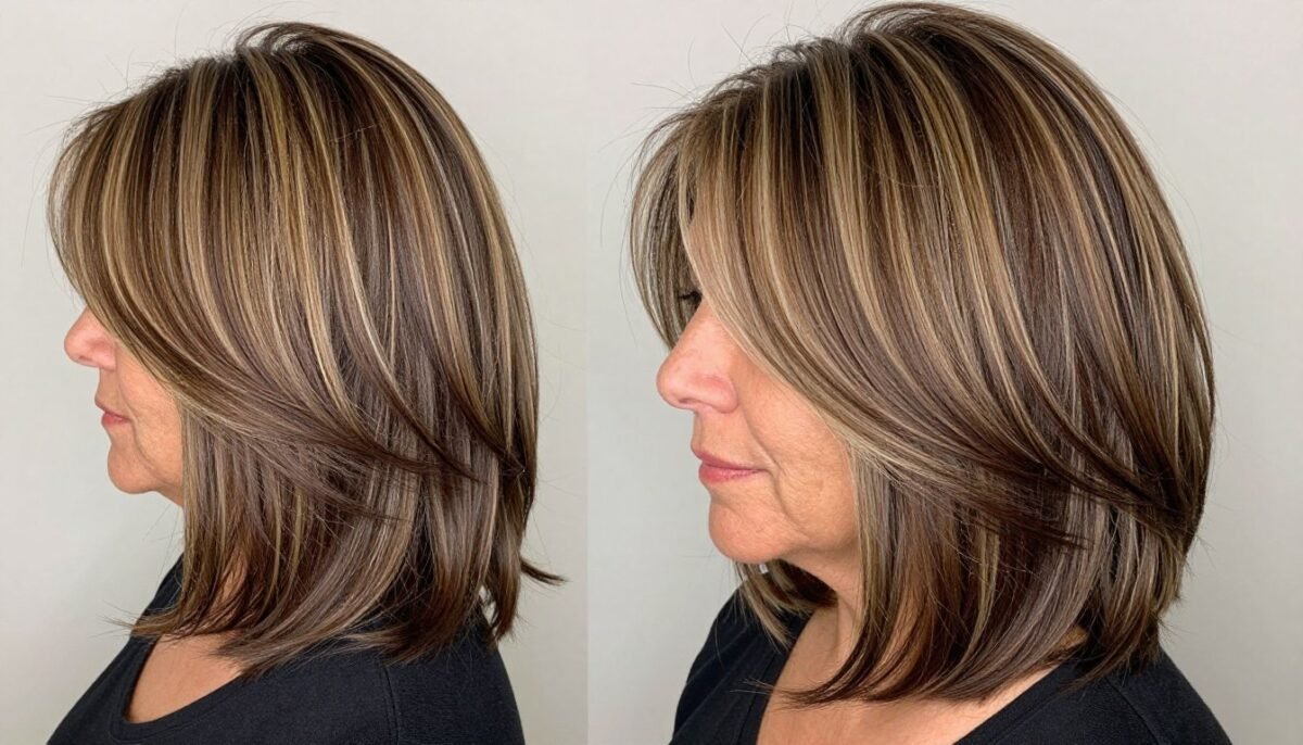 woman showing dimensional hair color in medium-length style