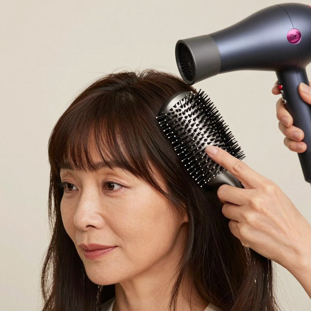 woman styling her bangs with round brush