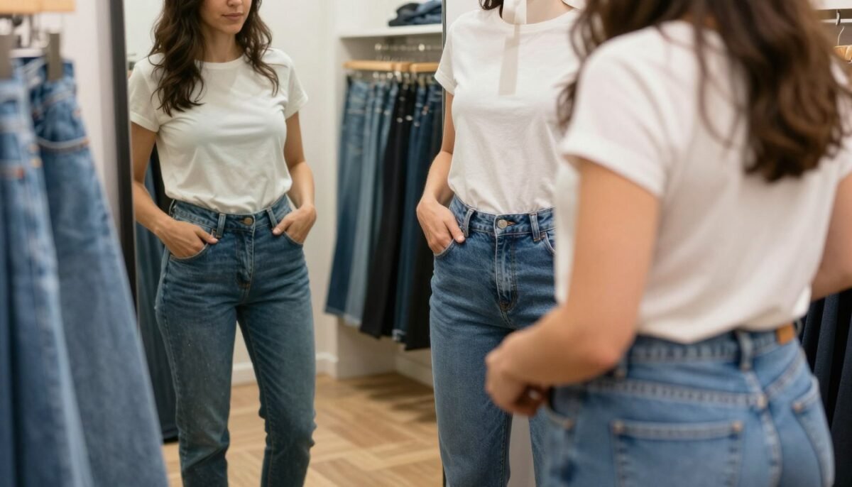 woman trying on jeans in fitting room woman trying on jeans in fitting room