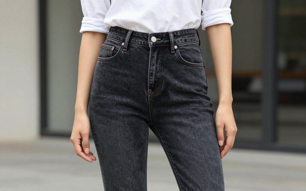 woman wearing dark high-rise jeans with tucked shirt