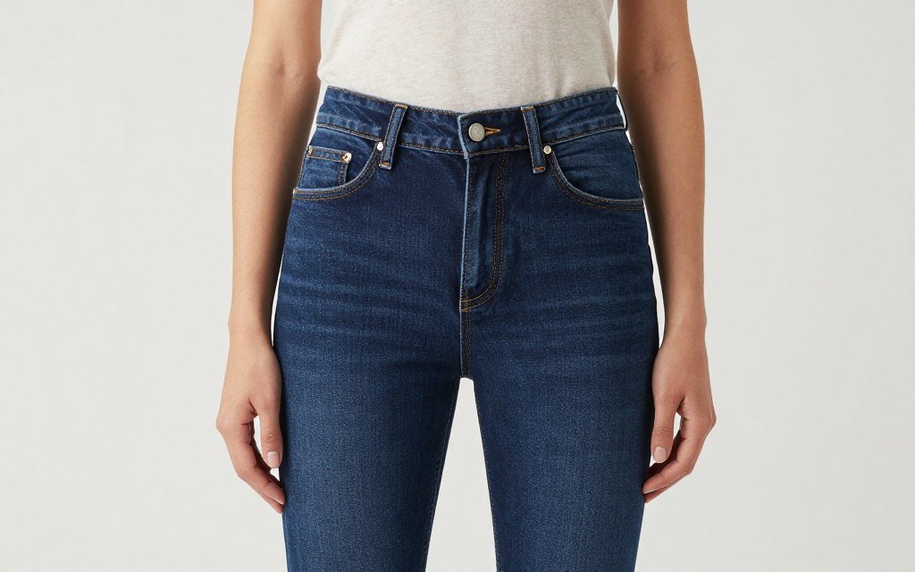 woman wearing dark wash jeans looking confident