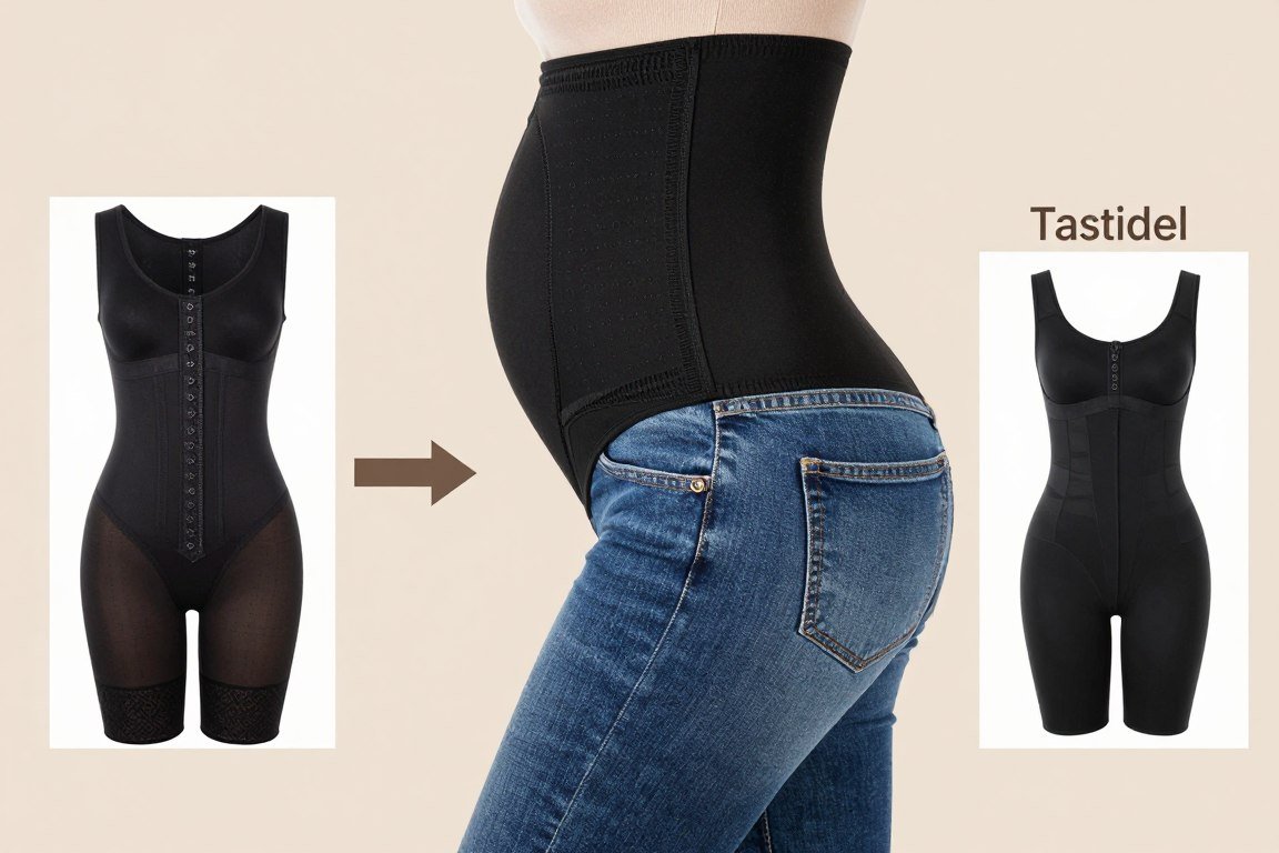 woman wearing shapewear under jeans demonstration