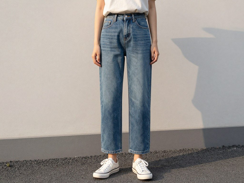 woman wearing straight leg jeans in casual setting