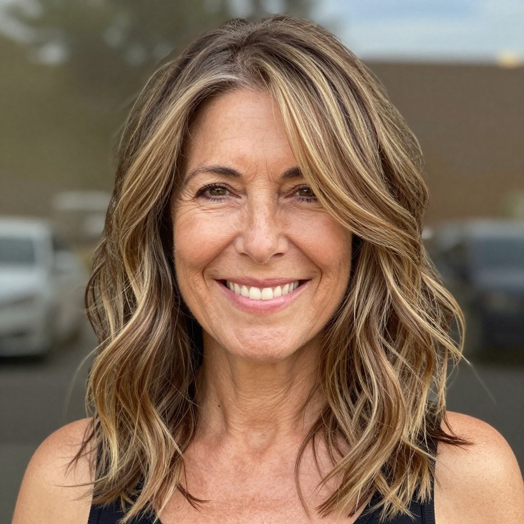 woman with balayage highlights in medium-length hair
