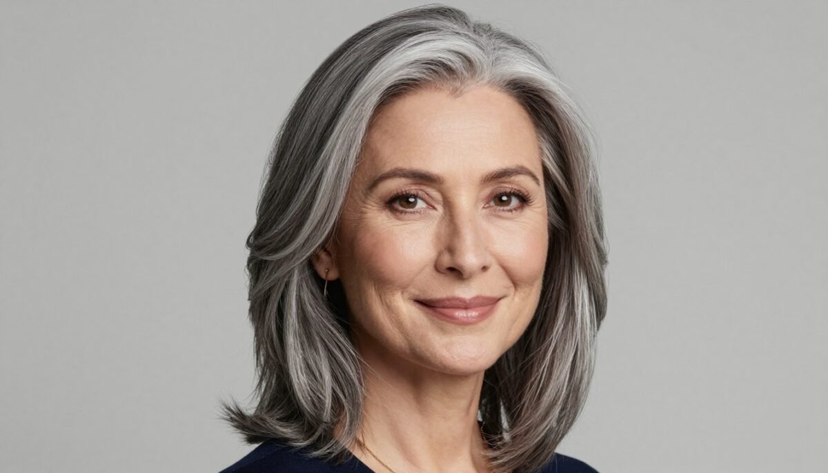 woman with beautiful silver gray medium-length hair