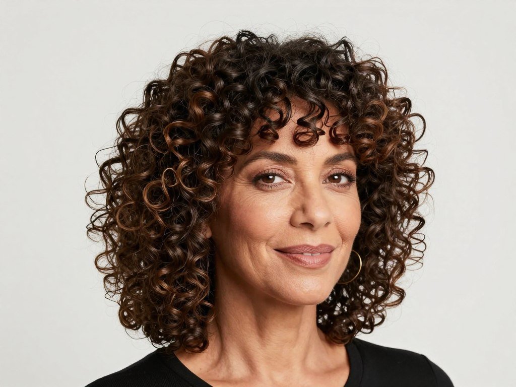 woman with curly hair and natural curly bangs