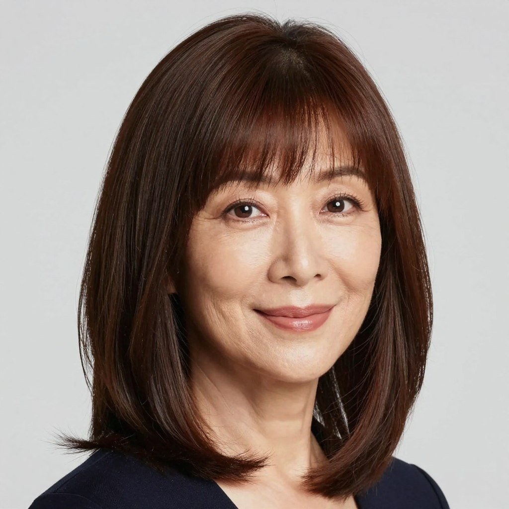 woman with full bangs and layered medium-length hair