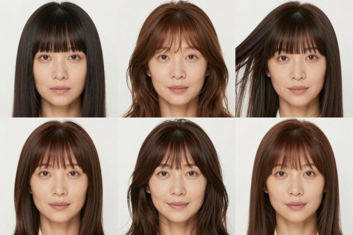 woman with oval face wearing various bang styles