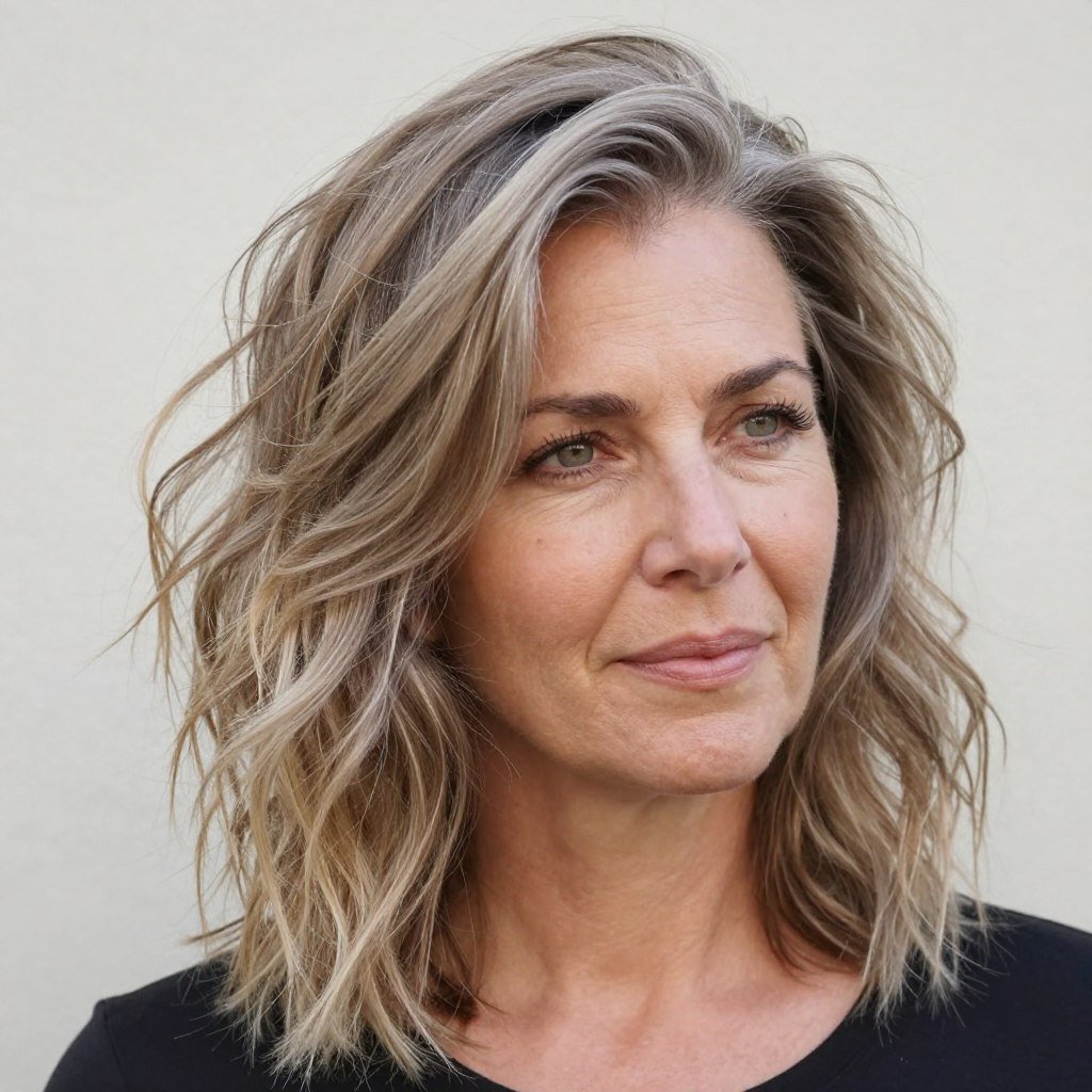 woman with tousled wavy hair and side part