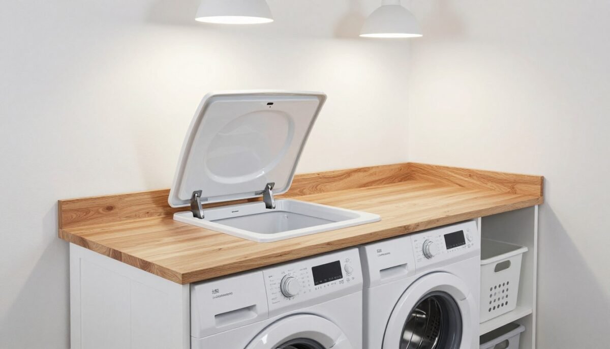 wooden countertop built over top loading washer creating folding surface in small laundry wooden countertop built over top loading washer creating folding surface in small laundry