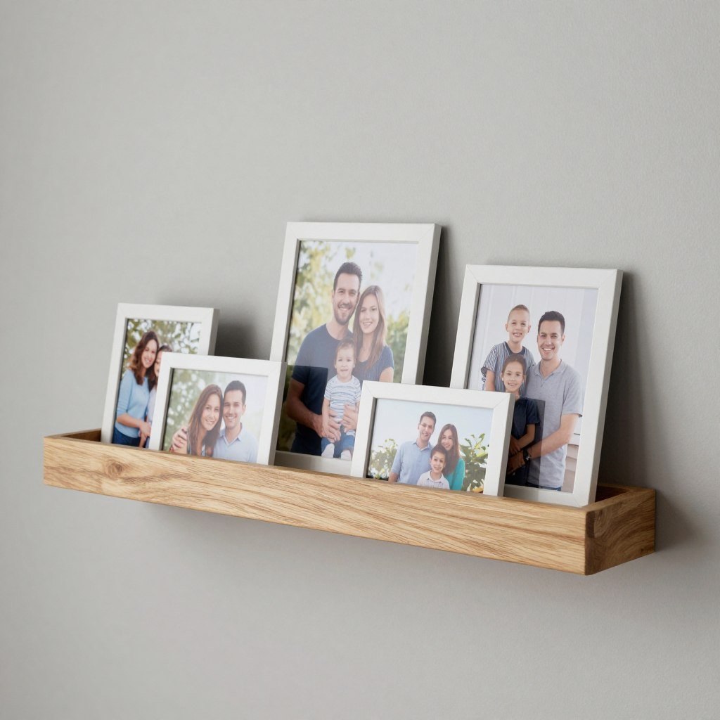wooden photo ledge shelf for family pictures