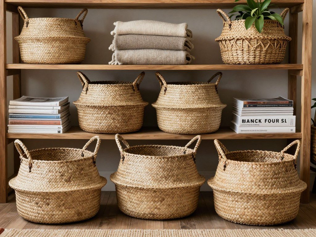 woven baskets for storage in farmhouse living room