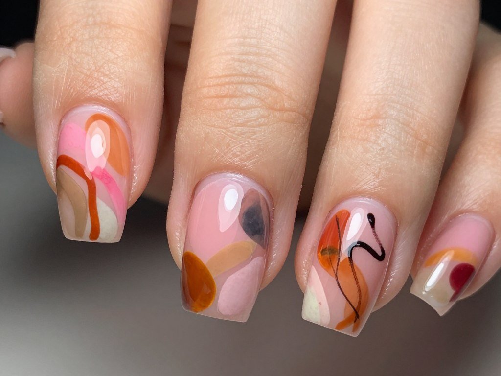 Abstract art nail design with pink base and freeform autumn color accents