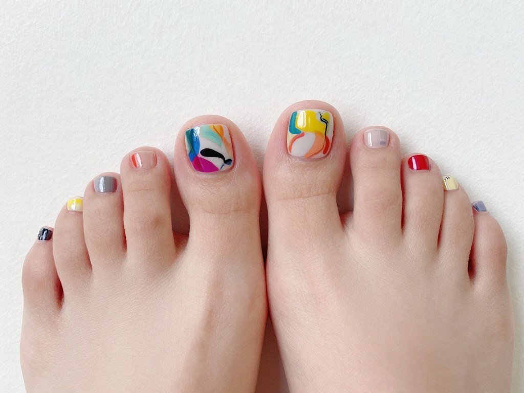 Abstract brushstroke nail art on artistic summer pedicure