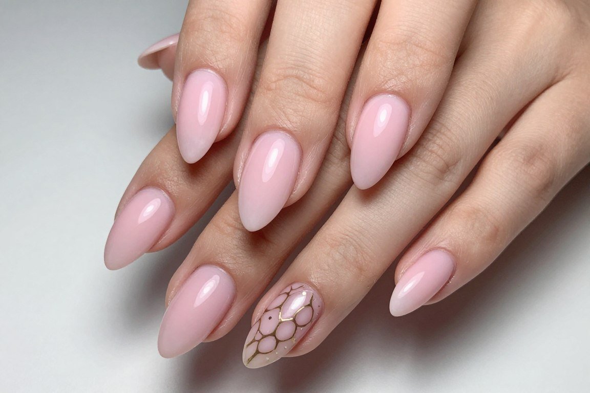 Almond-shaped nails in various pink fall designs showing elegant proportions
