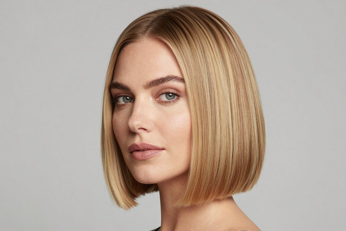 Angled bob for square face with thin fine shoulder length hair