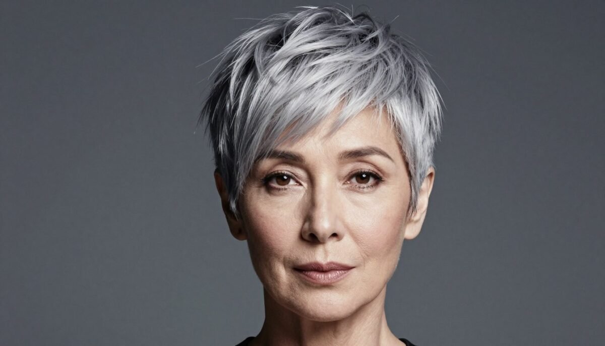 Asymmetrical pixie with longer top layers on woman over 60