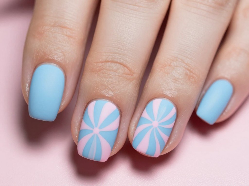 Baby blue and pink pastel swirl nail design with matte finish