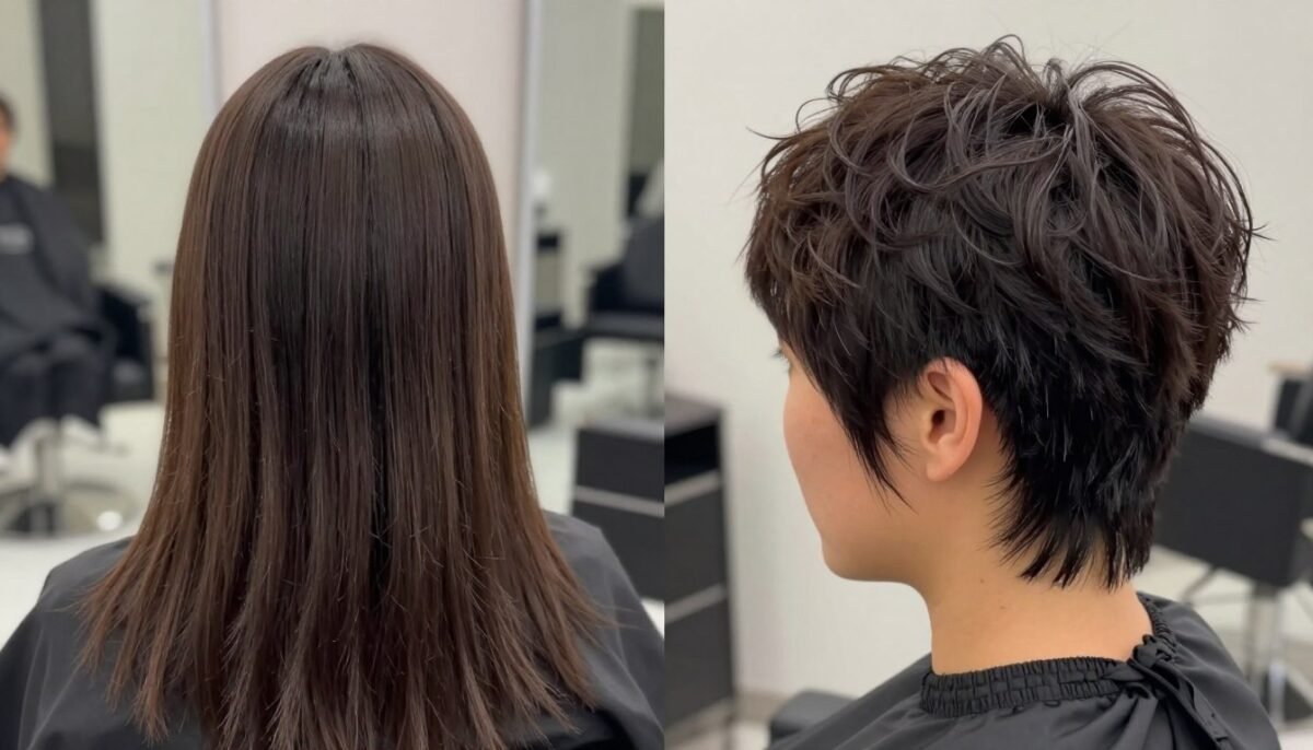 Before and after comparison showing thin fine hair transformed by pixie cut
